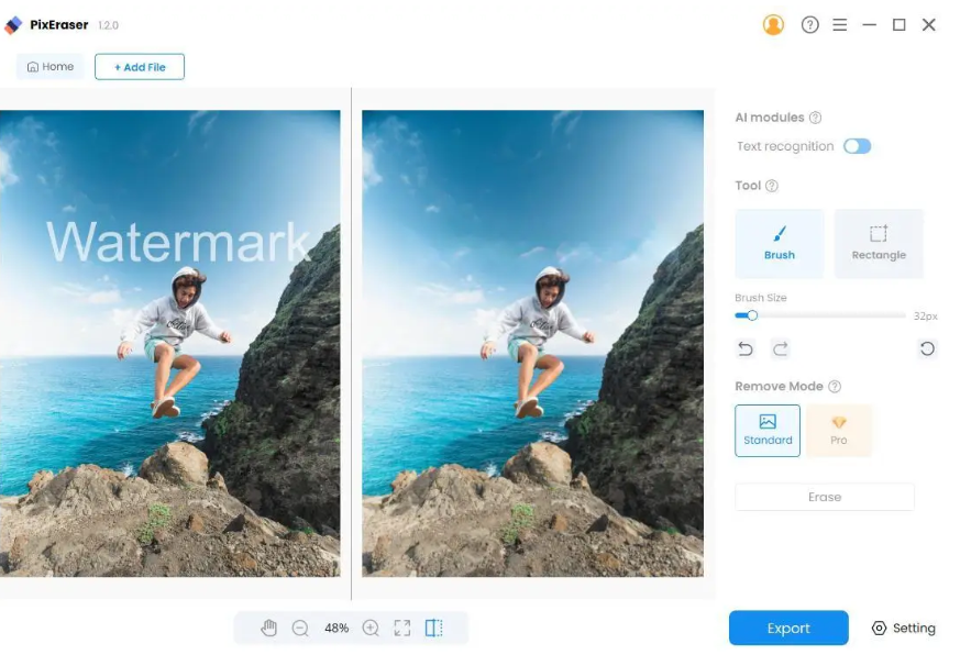 点击“去水印”功能模块，等待AI处理完成后，保存到手机相册即可。